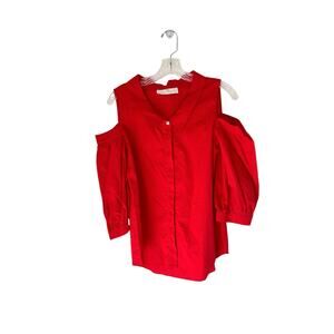 Amanda Uprichard Red Collared Cutot Shoulder Basic Button Up Blouse Size Small